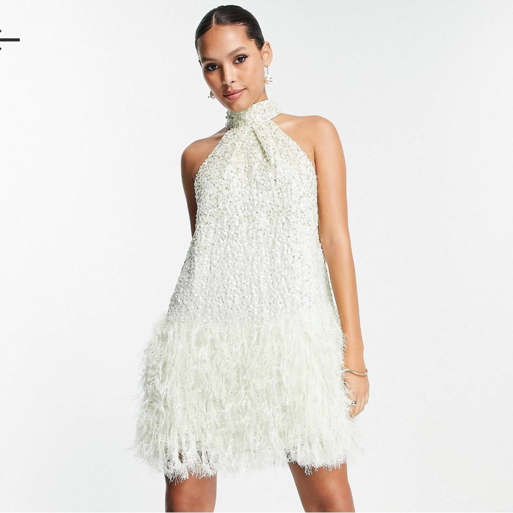 Sequin halter mini dress with faux feather hem in sage green